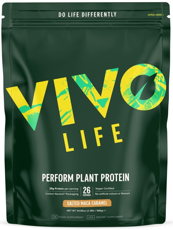 Vivo Life Perform Plant Protein groene zak mockup in de Salted Maca Caramel