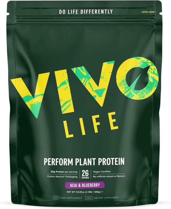 Vivo Life Perform Plant Protein groene zak mockup in de smaak acai & blueberry en 26 servings en 988 gram