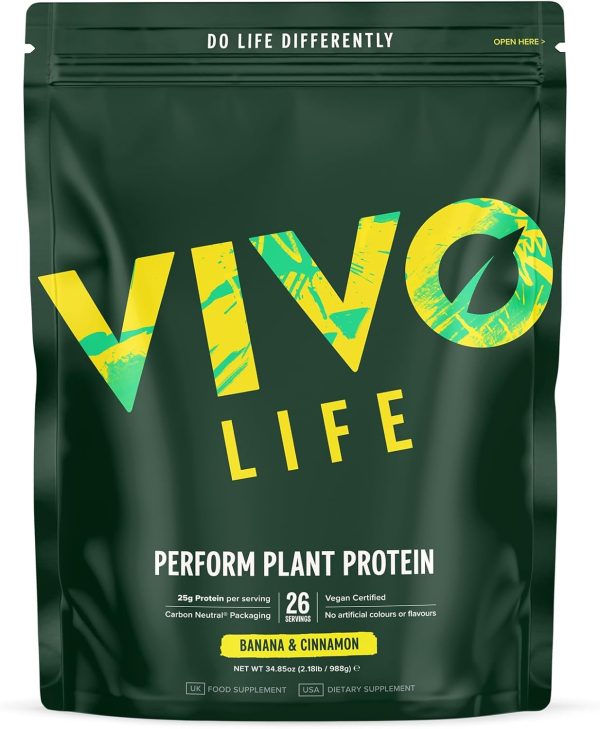 Vivo Life Perform Plant Protein groene zak mockup in de smaak Banana & Cinnamon en 26 servings en 988 gram